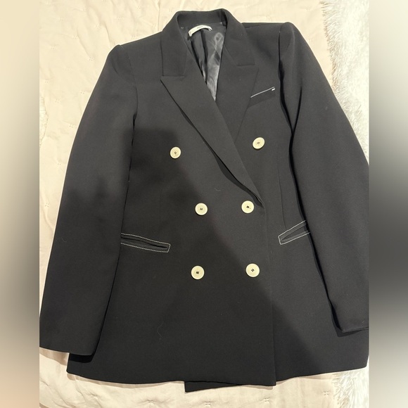 Mango Jackets & Blazers - Mango MNG Women’s Double Breasted Black Blazer With Contrast Stitching Size M